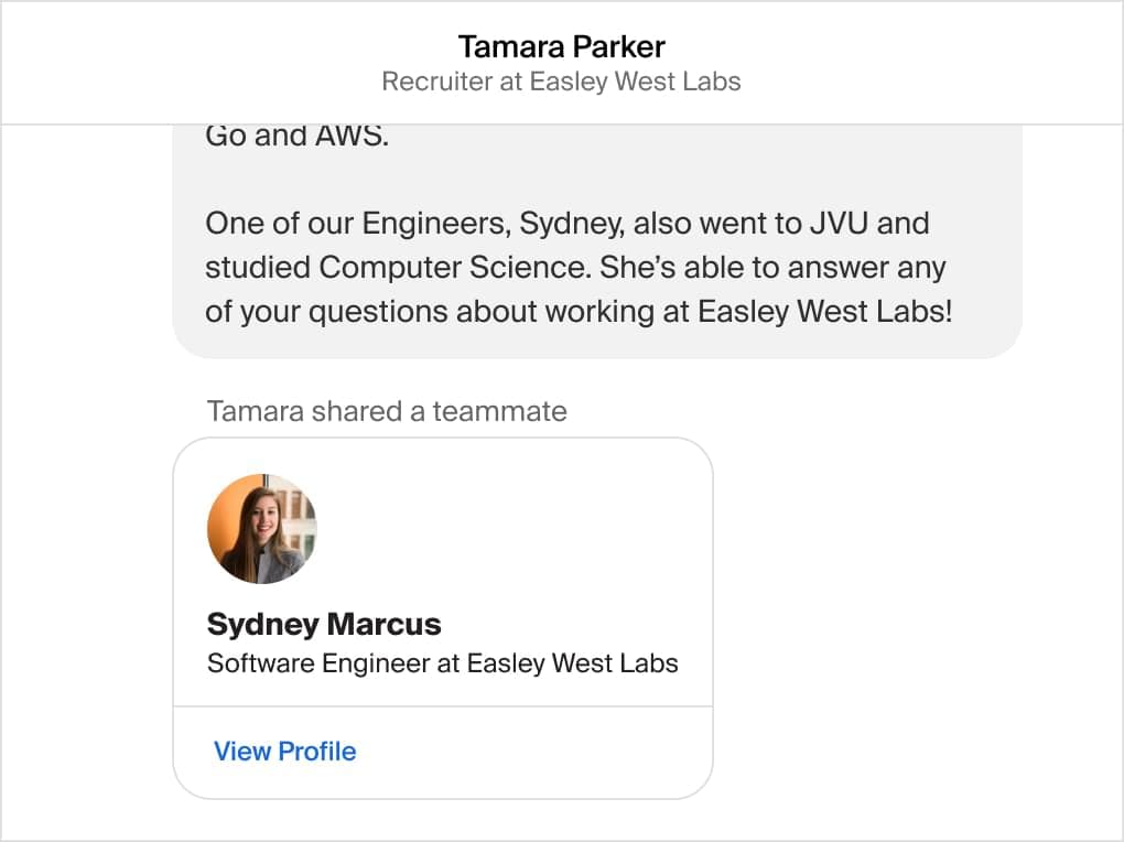 screenshot of direct messaging from recruiters to alum