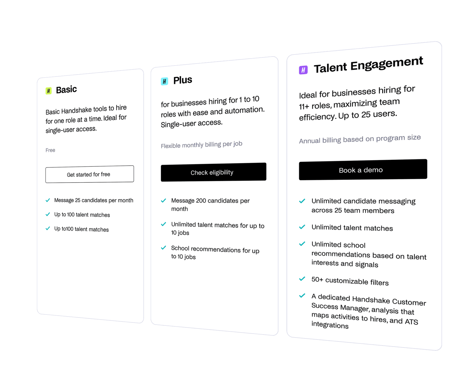 comparison on Handshake features for different product tiers